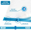 Diagram showing the features of vacuum storage bags including a one-way suction valve, double seal, and stay-on clip.