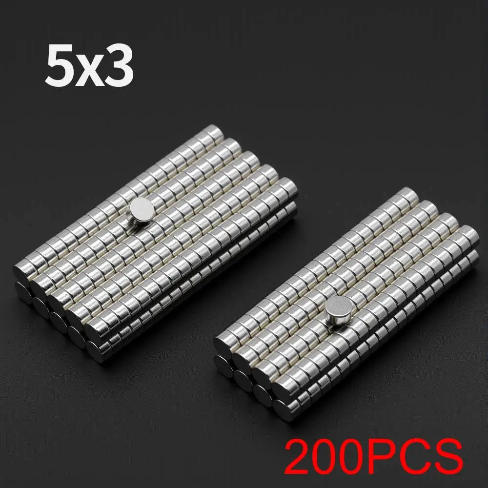 A set of 200 small silver disc neodymium magnets arranged in a 5x3 grid pattern.