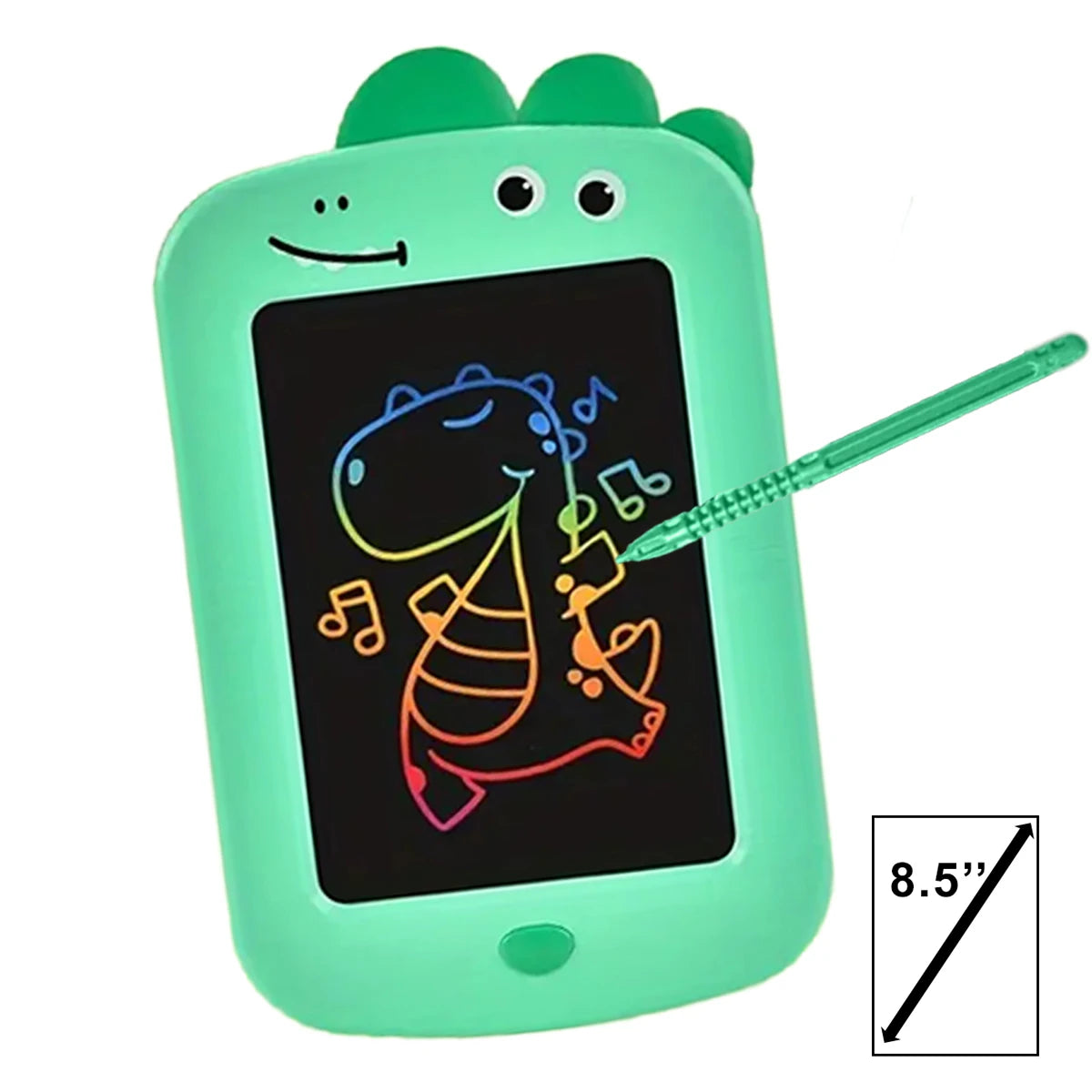 A lime green electronic writing tablet shaped like a smiling dinosaur, with a stylus resting on the screen.