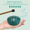 A hand holds a green steel tongue drum, with a wooden mallet and musical notes floating above it.