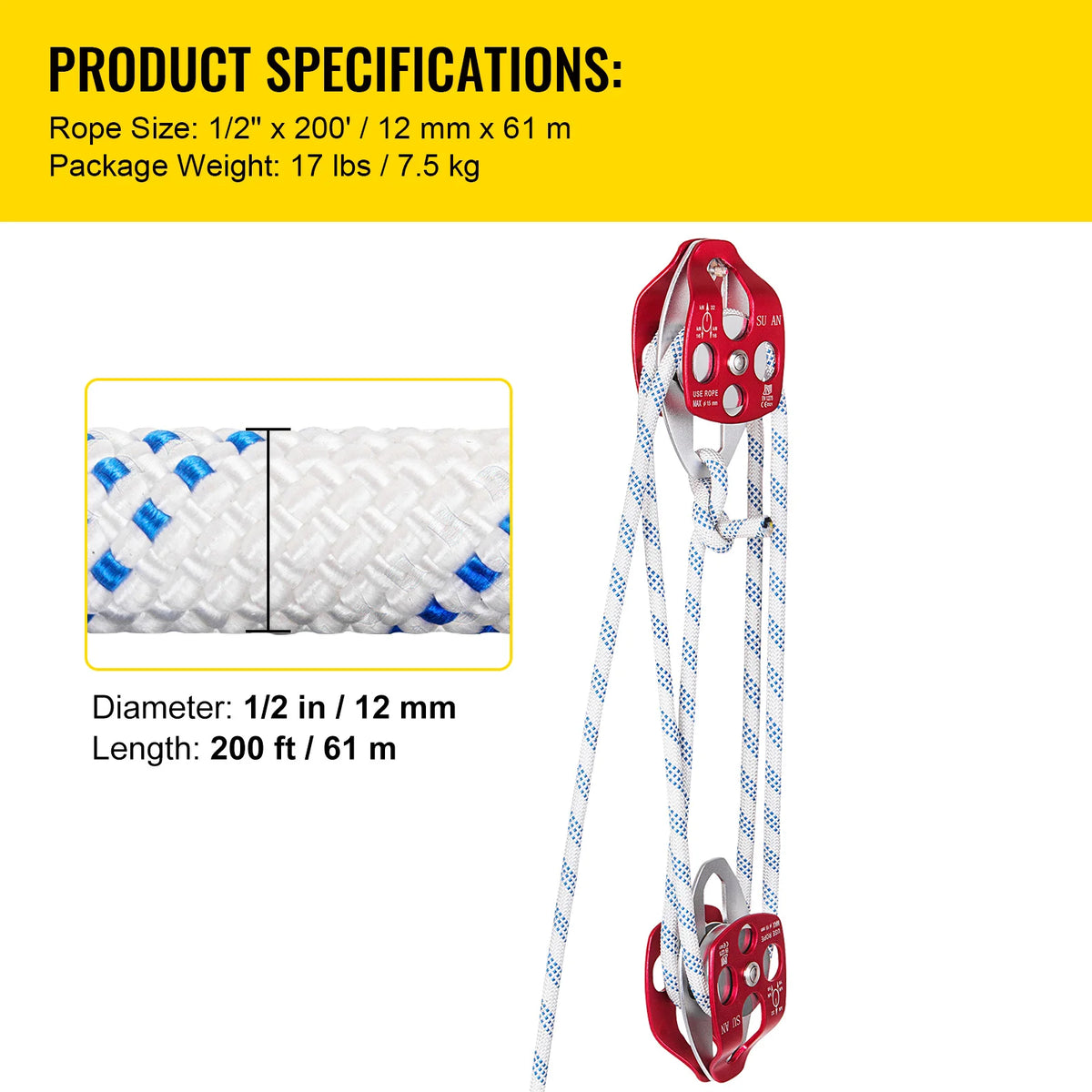 A red and white double pulley block and tackle system with a 200-foot rope is shown.