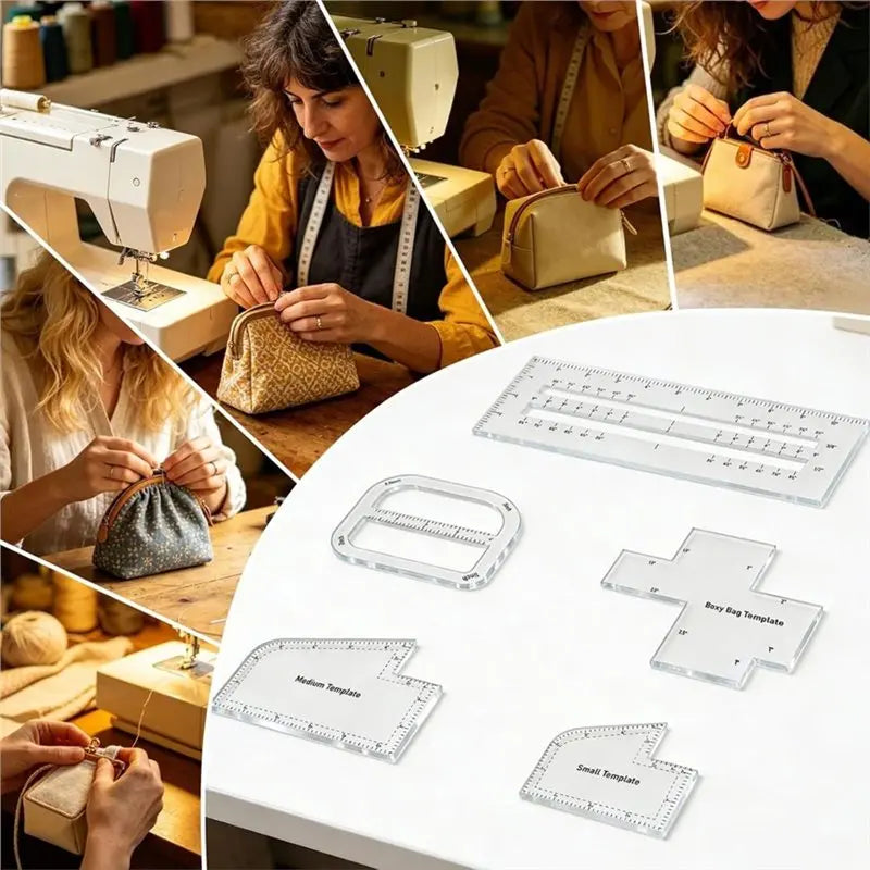 A set of five acrylic templates for making bags, including zipper pocket and handbag patterns.