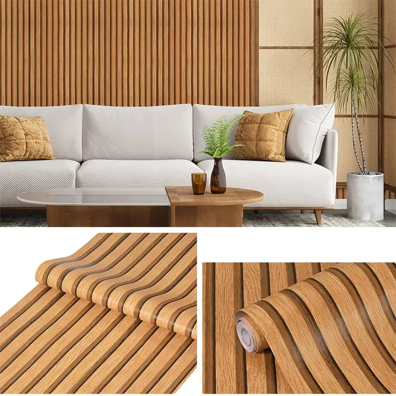 Self-adhesive wood grain wallpaper featuring vertical slats used as a decorative wall covering.