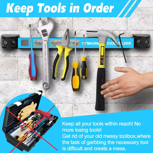 A tool bar organizer rack displaying various hand tools like pliers, hammers, and wrenches mounted on a wall.