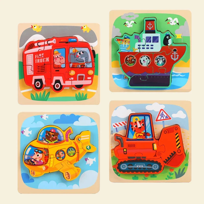 Three wooden puzzle sets featuring cartoon animals and traffic shapes for children's Montessori learning.