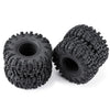 A pair of black mud terrain wheels and tires for RC crawlers.