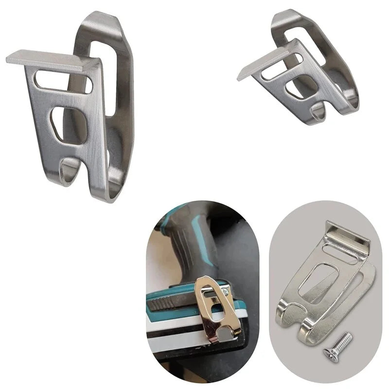 Silver belt clip hook bit holder for cordless drill accessories shown in various angles
