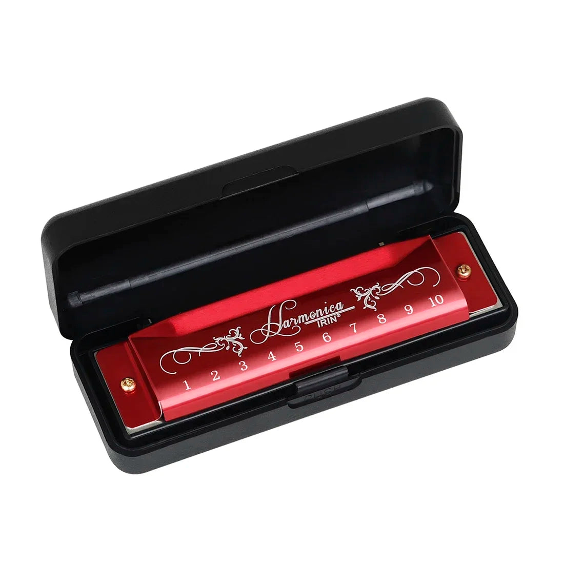 A black case holding a red 10-hole harmonica with numbered keys and decorative accents.