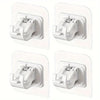 Four white adhesive curtain rod hooks in various sizes mounted on a clear wall plate.