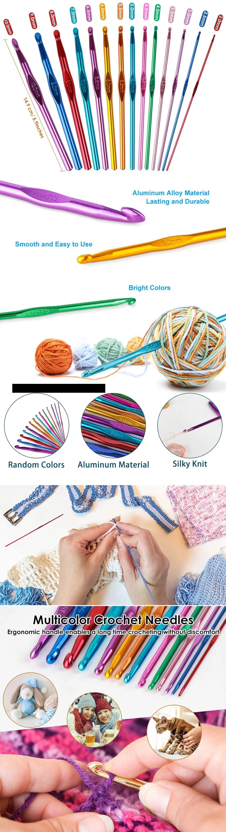Colorful Aluminum Crochet Hook Set with Ergonomic Handles