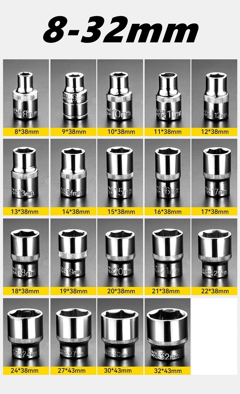 A collection of various metric socket sizes ranging from 8mm to 32mm, shown in a grid format.