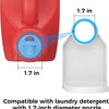Red laundry detergent cup holder with a 1.7-inch diameter nozzle and drip tray.