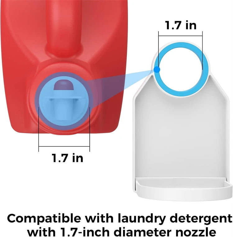 Red laundry detergent cup holder with a 1.7-inch diameter nozzle and drip tray.