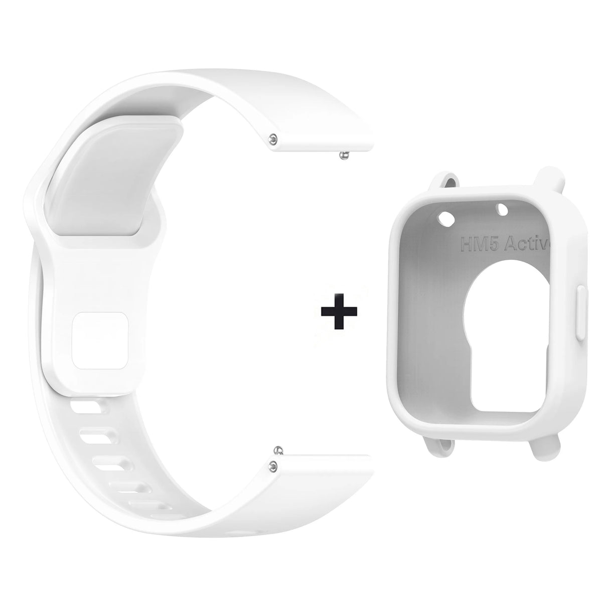 White silicone watch band and protective case for a smart watch.