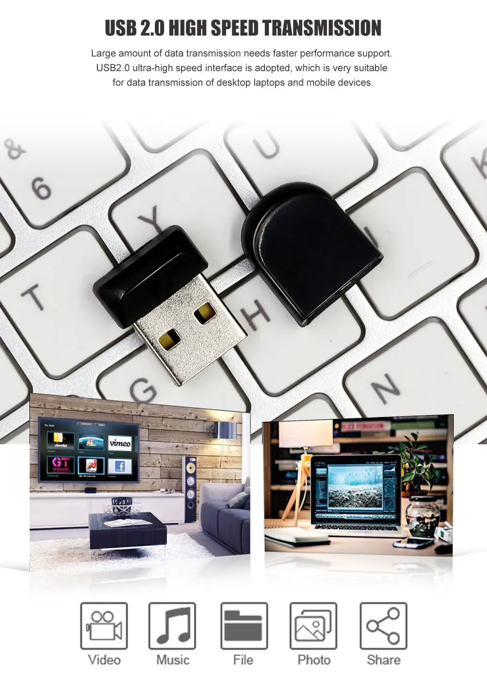 A compact silver USB flash drive is shown next to a laptop and various icons representing data transfer functions.