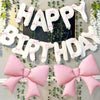 White Happy Birthday Banner with Pink Bow Balloons