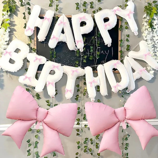 White Happy Birthday Banner with Pink Bow Balloons