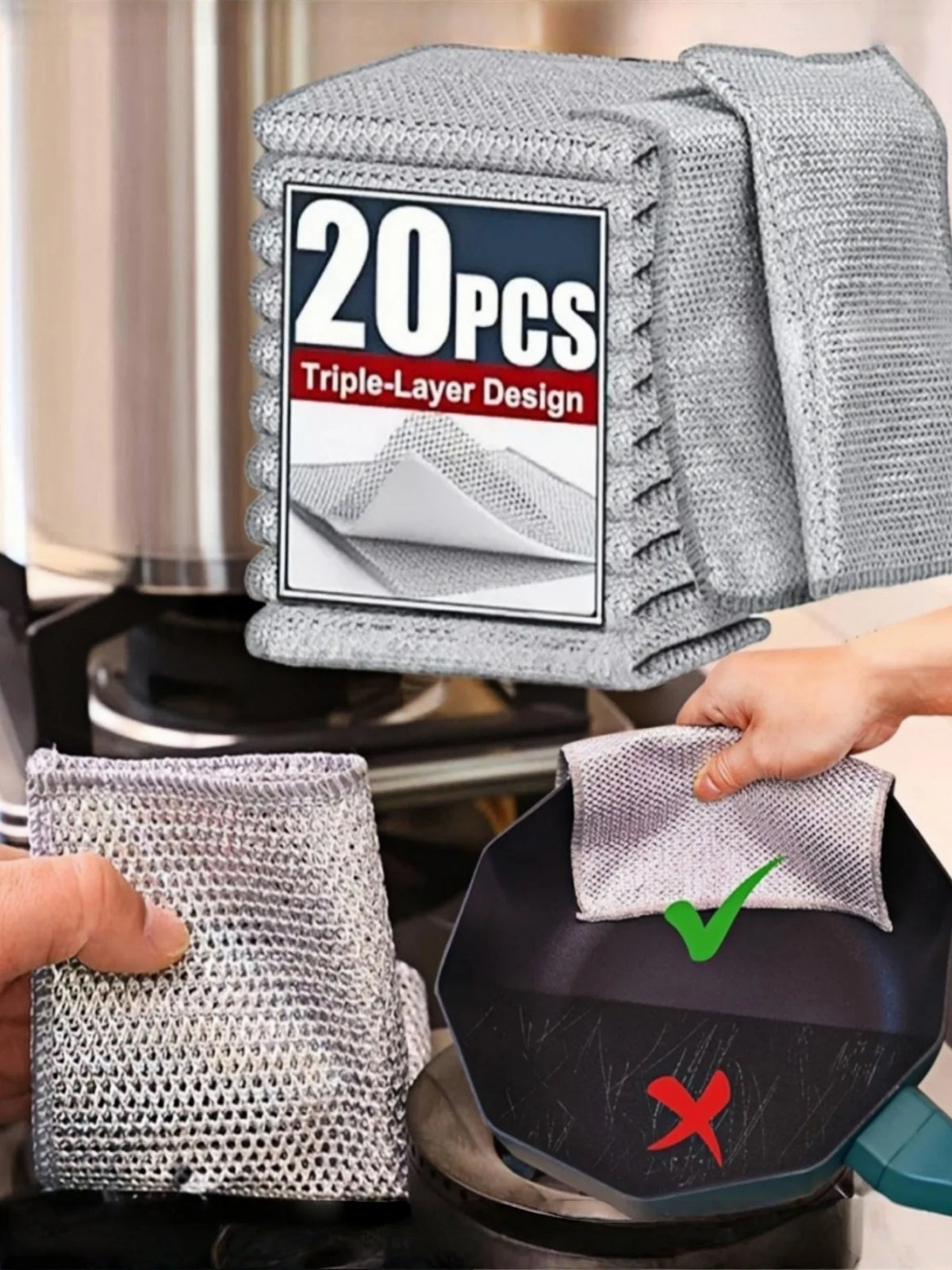 A stack of gray triple-layer microfiber scouring cloths is shown next to a used cloth on a black dishwashing pad.