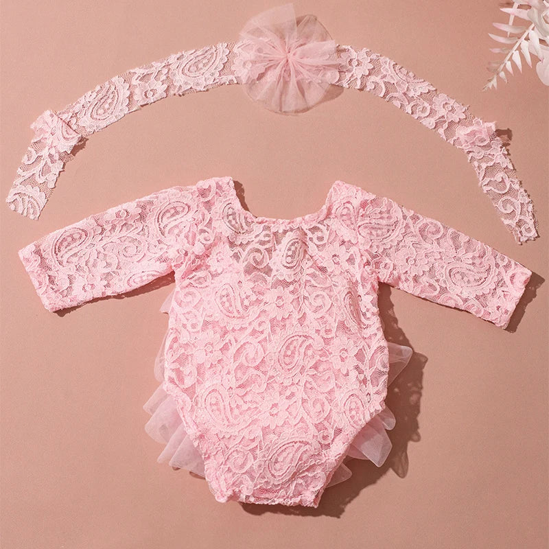 Pink lace newborn princess tutu dress romper with matching headband