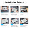 Installation tutorial showing steps to install a protective case on a MacBook.