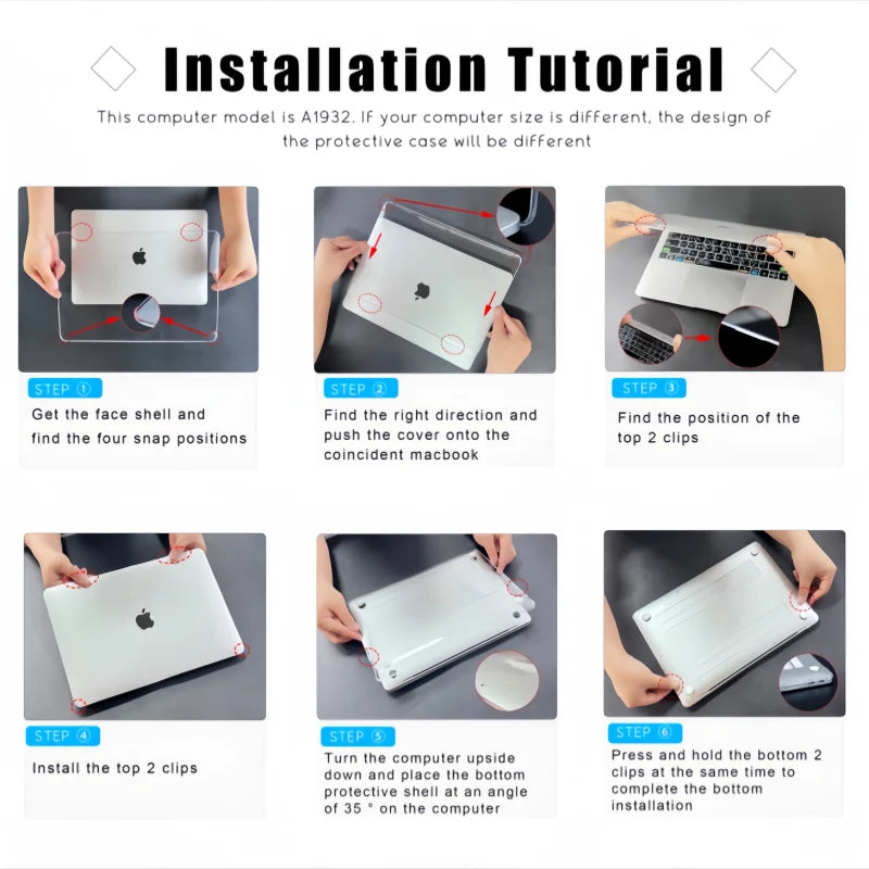 Installation tutorial showing steps to install a protective case on a MacBook.