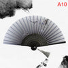 A folding fan with a gray and black striped design featuring delicate floral patterns, shown open against a white background.