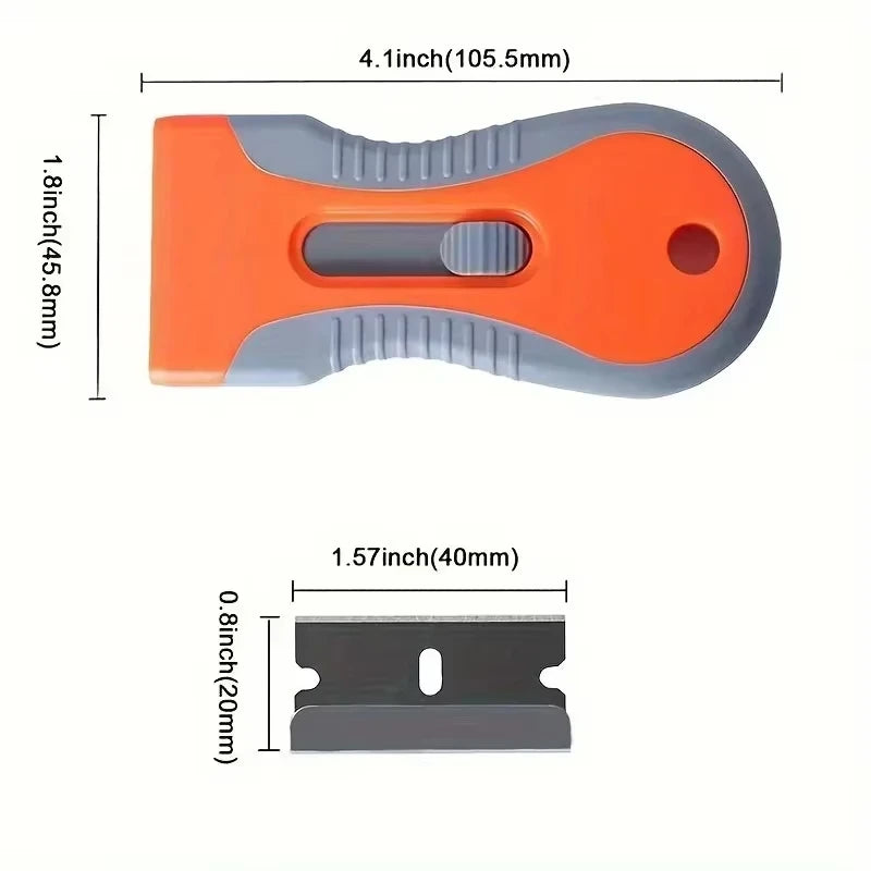 Orange and gray telescopic scraper tool with a replacement blade attachment.