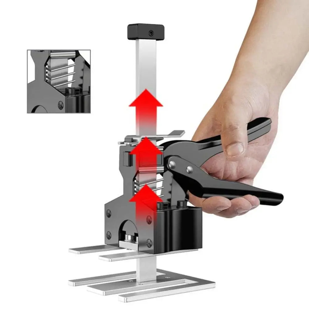 A hand is operating an adjustable tile leveling lifter, showing the device's mechanism and installation tool.