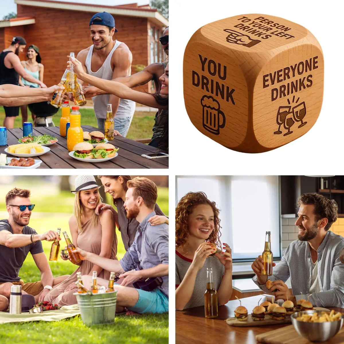 Jeu de dés en bois pour boire, avec la phrase « Tu bois, tout le monde boit » gravée sur sa surface.