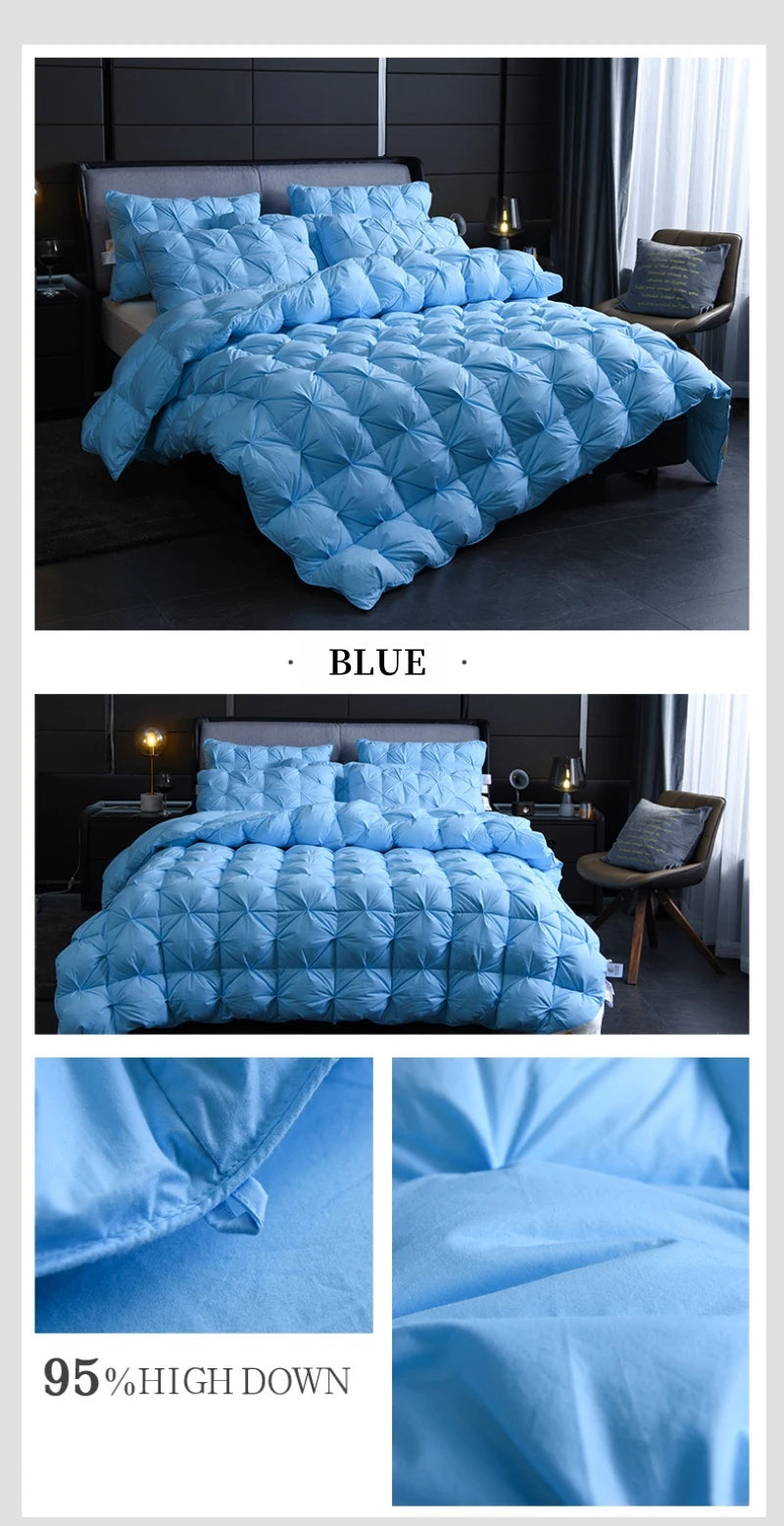 A blue quilted duvet cover and bedding set featuring 95% high down insulation.