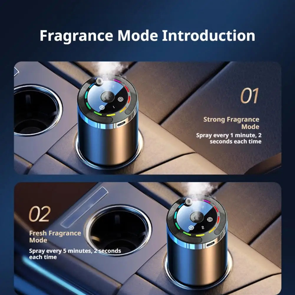 A close-up of a smart car aroma diffuser showing two fragrance modes, one strong and one fresh.