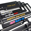 A pair of black racing style license plate frames featuring various text designs like HASHIEHAND and HAPPY ENDINGS