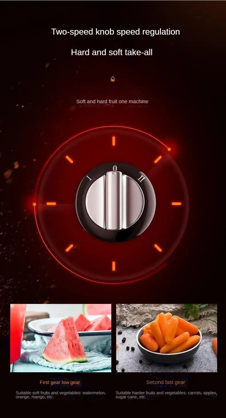 A close-up of a two-speed knob on a stainless steel centrifugal juicer showing the switch between hard and soft modes.