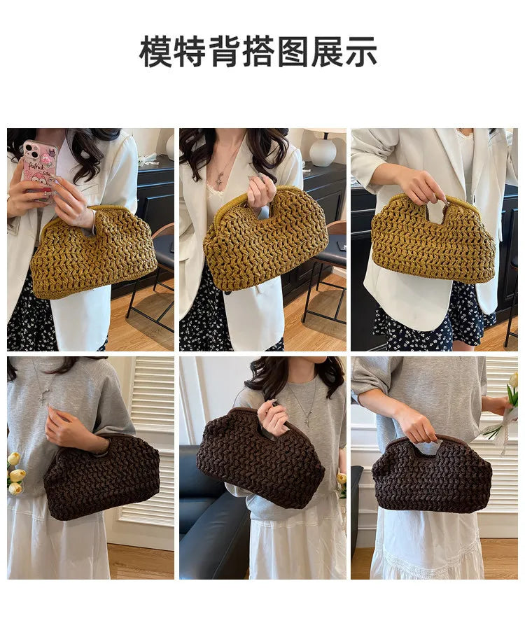 Handwoven Straw Tote Bag with Zipper