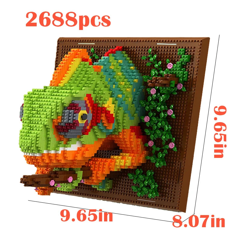 A kit of 2688 mosaic building blocks shaped like a green dragon and foliage, displayed on a brown wooden board.