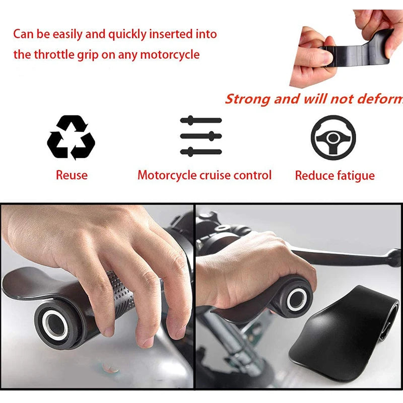 A hand inserts a black throttle grip device into a motorcycle's throttle, demonstrating its use for cruise control.