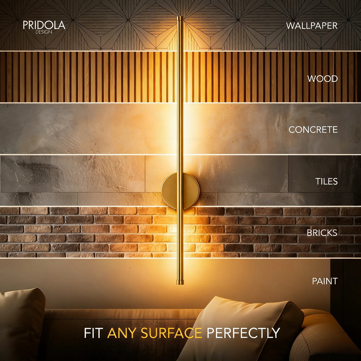 A vertical modern LED wall sconce with a brass finish illuminates various textured surfaces like wood, concrete, tiles, and b