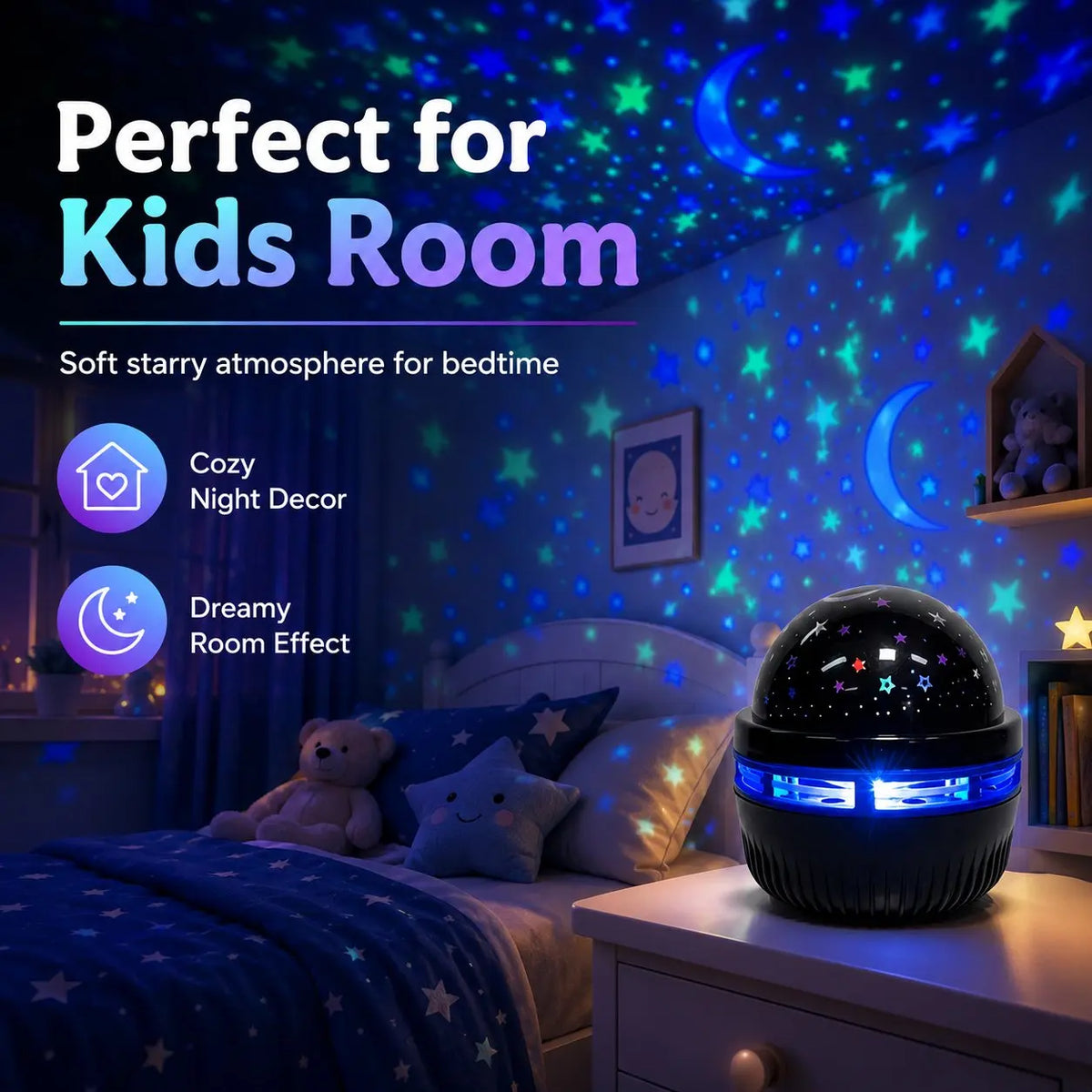 A starry sky projector night light illuminating a child's bedroom with soft blue and purple light.
