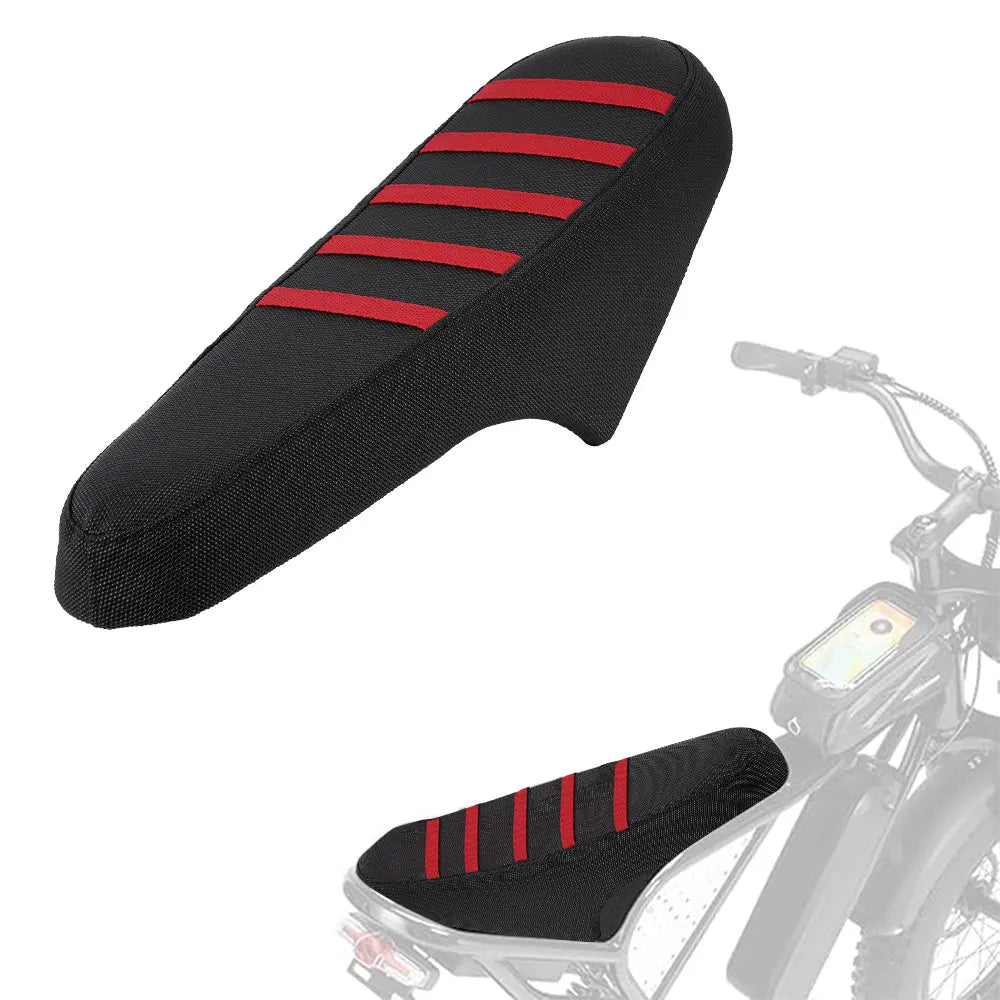 Black motorcycle seat cover with red stripes and anti-slip particles installed on a bike.