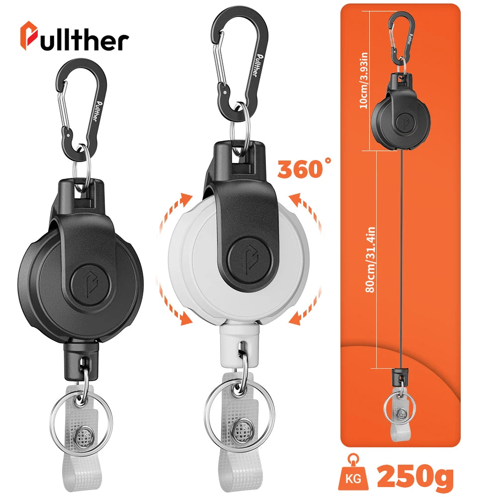 Clé portkeyretractable noire avec mousquet et anneau argenté sur fond orange.