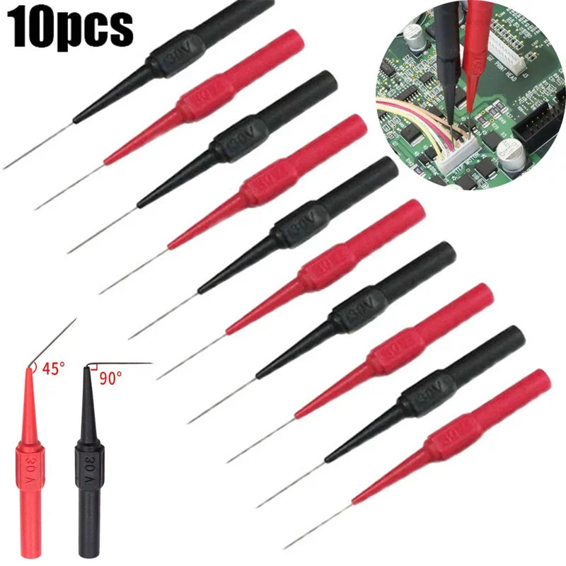 A set of 10 back-piercing test probe multimeter tips in various sizes and colors, including red and black.