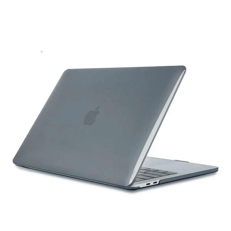 A silver Apple MacBook Air laptop with an Ultra-Clear hard shell case is shown from the side.