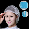 A woman models a disposable non-woven hair net cap, showing the product and a close-up of the blue netting material.