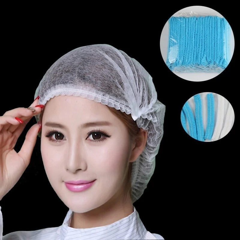 A woman models a disposable non-woven hair net cap, showing the product and a close-up of the blue netting material.