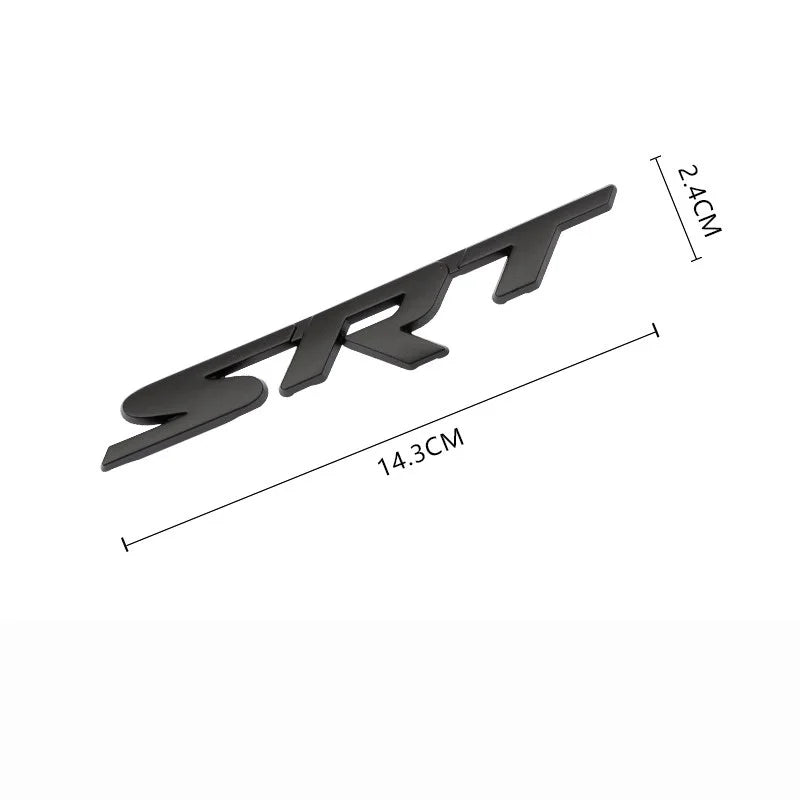 Black metal Dodge SRT grille emblem with dimensions 2.4cm high and 14.3cm long