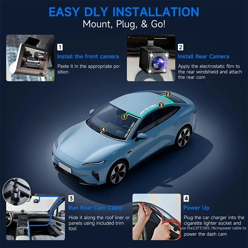 Installation guide showing how to install a dash cam on a car, including mounting the front camera and running the rear cam c