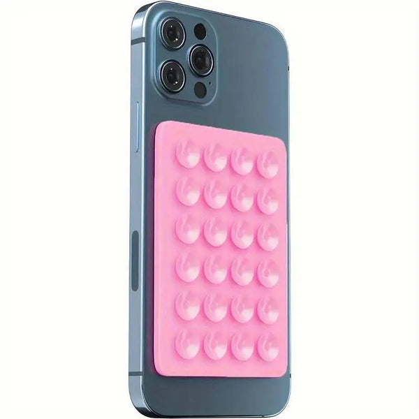 Un smartphone azul claro con una almohadilla de succión de silicona rosa en la parte trasera.
