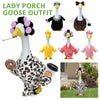 A mannequin wearing a lady porch goose outfit complete with accessories and various goose costumes.