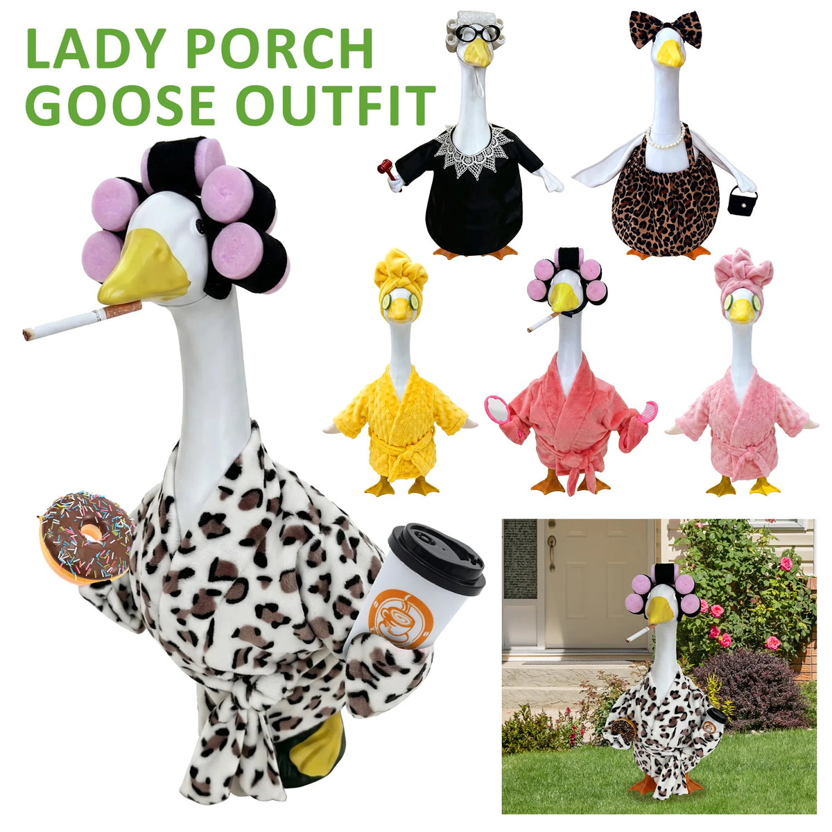 A mannequin wearing a lady porch goose outfit complete with accessories and various goose costumes.