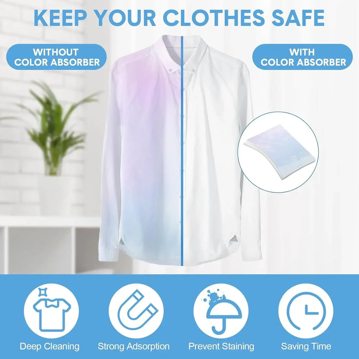 A white shirt demonstrates the difference between clothes without a color absorber and with a color absorber for safe laundry